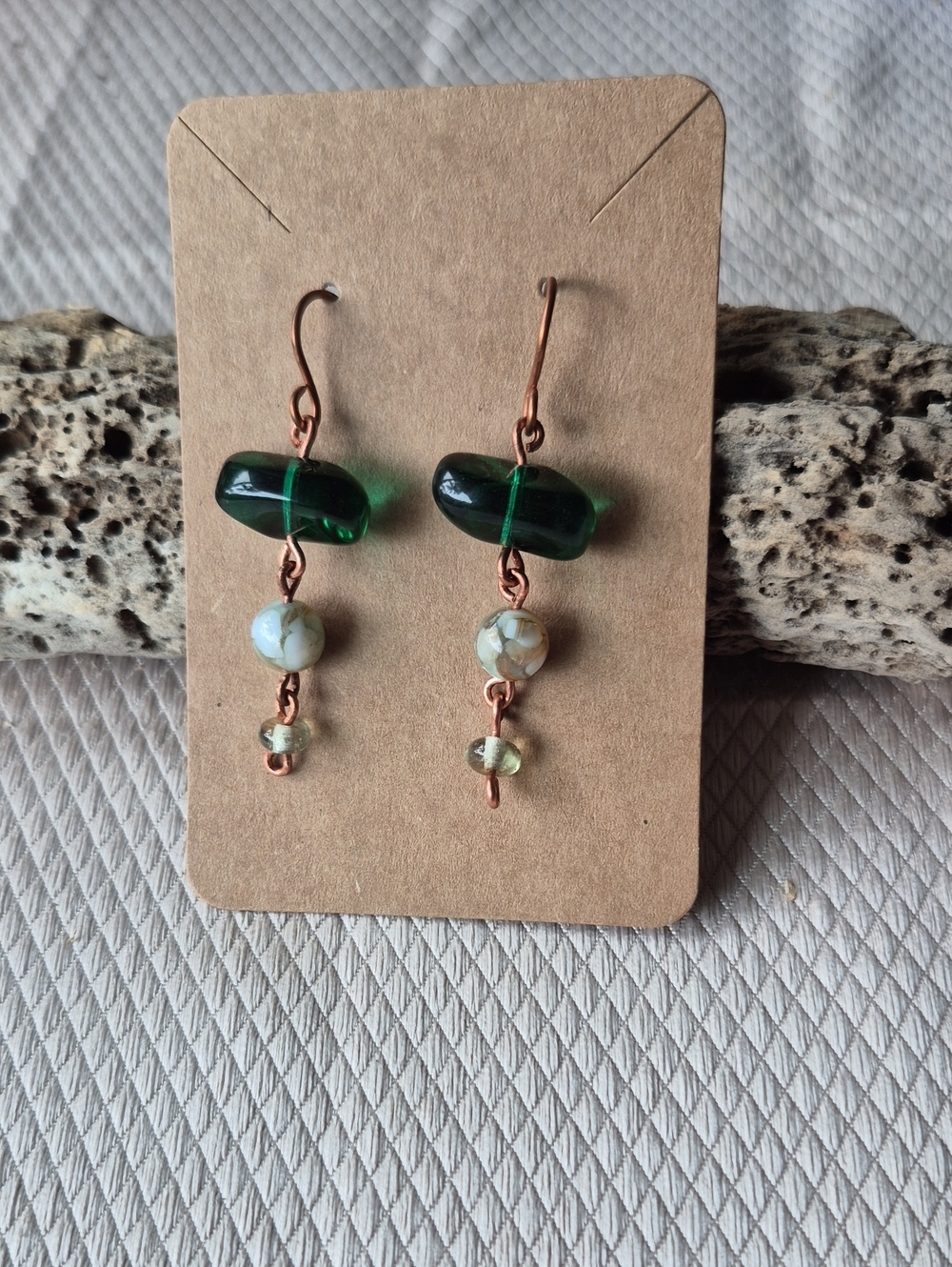 Green Glass Bead Drop Earrings with Copper Accents